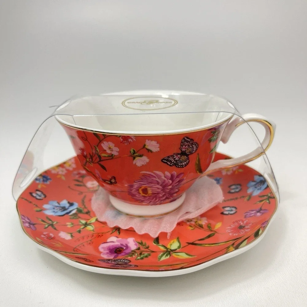 Grace Teaware Orange Floral Butterfly Teacup Saucer Set Gold Rim‎ Fine Porcelain